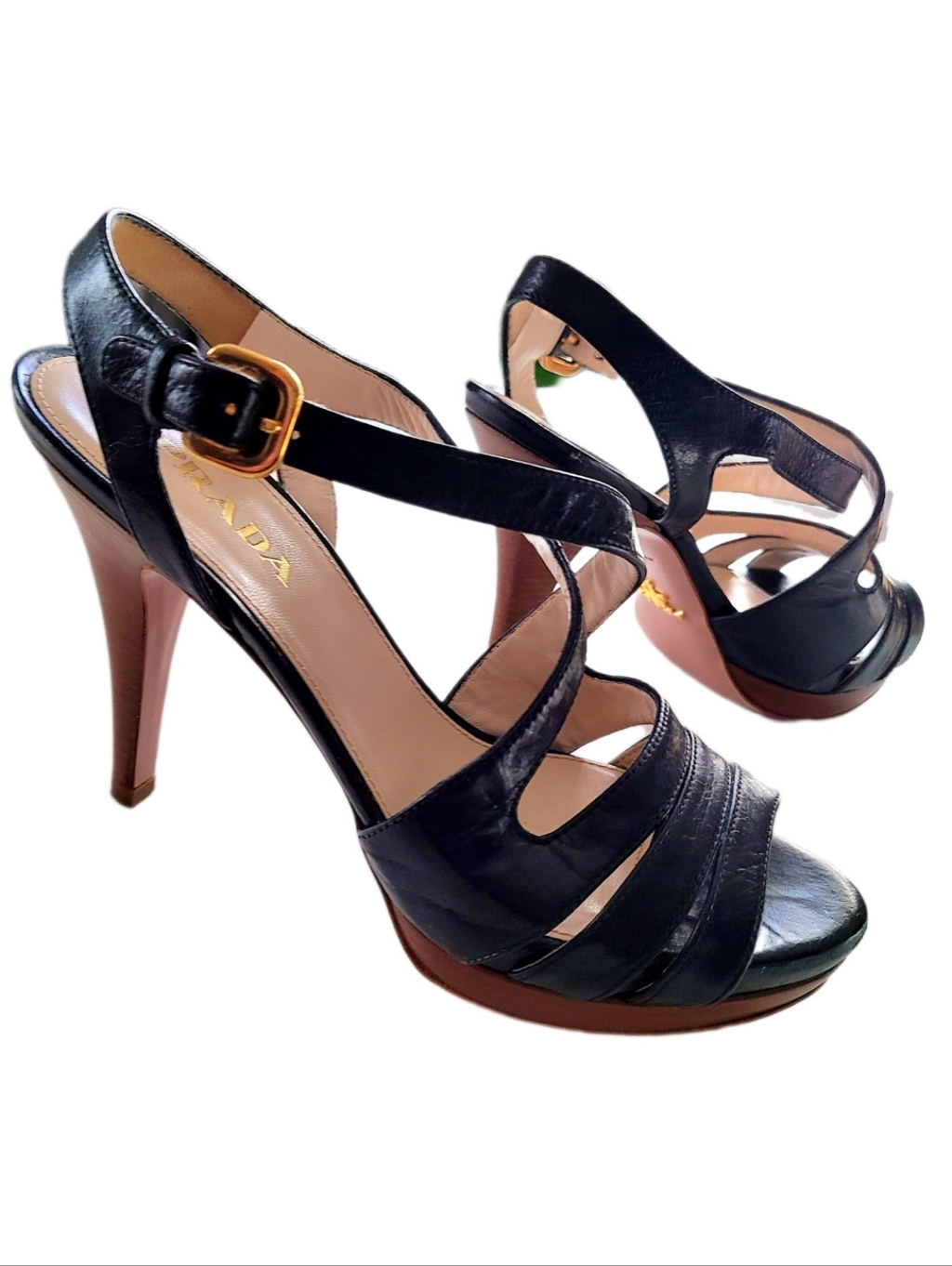 Prada Black Leather Platform Stacked Wood Heel With Gold Buckle Ankle Strap 36